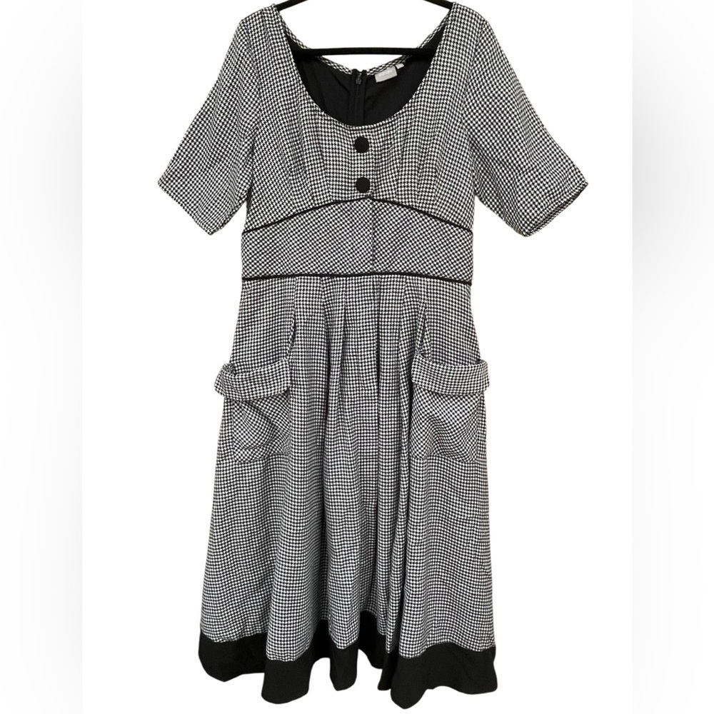 eShakti Houndstooth Plaid Fit & Flare Retro Chic Cottagegoth Midi Dress - XL/18
